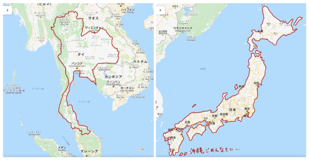 タイ輸入 タイと日本の地図の比較