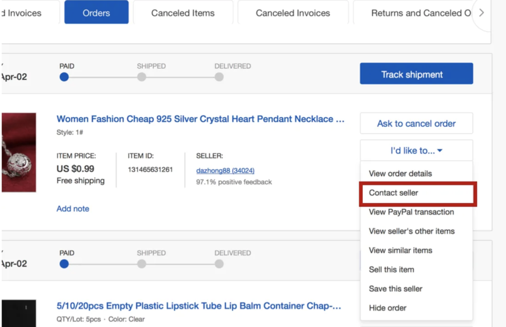 ebay 購入商品 販売セラーに連絡