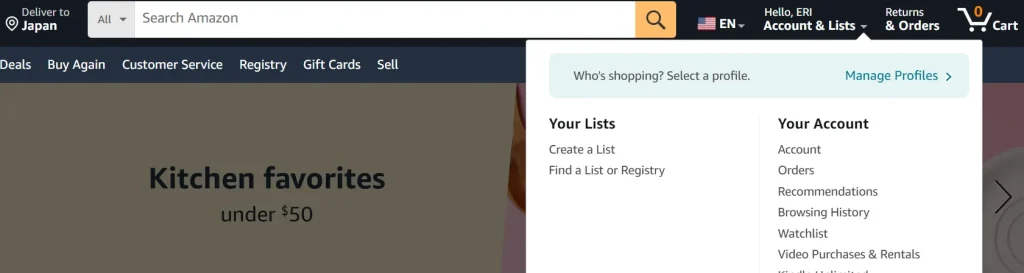 「Your Account」内の「Account」をクリック